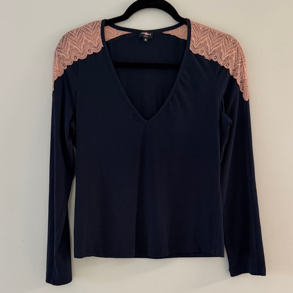 COSABELLA Ferrara Women Medium Navy Blue Pink Lace Trim‎ Accent Pijama Top